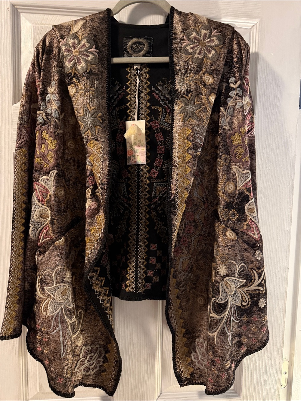 NWT Johnny Was Embroidered Open-Front Floral Blazer in Brown (metallic design)